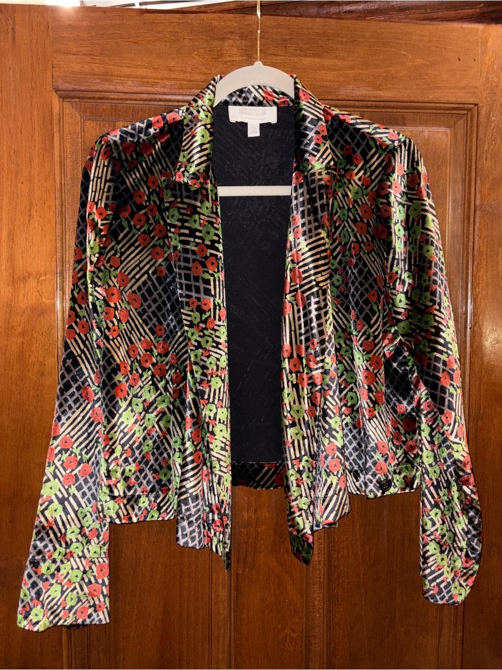 Anthropologie Black Velvet Floral Drape Jacket with Red & Green Accents